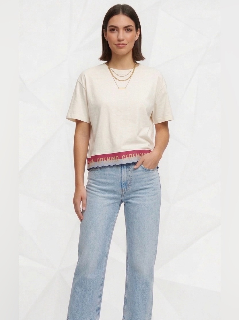 Opening Ceremony Cropped Embroidered Logo Tee Cream Scallop Hem (Sizes S & M)